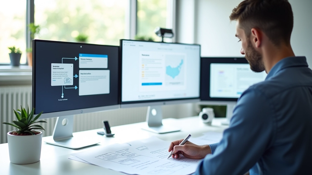 Moderner Designarbeitsplatz mit UI-Wireframes und Onboarding-Skizzen auf dem Bildschirm