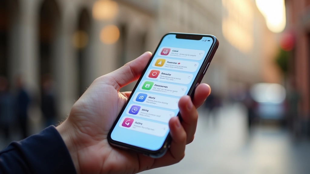 Mobile-Bildschirm zeigt Feature-Highlight-Carousel mit animierten Pfeilen